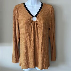 Como Vintage Women's Mustard V-Neck Keyhole Design Long Sleeves Tees M Petite